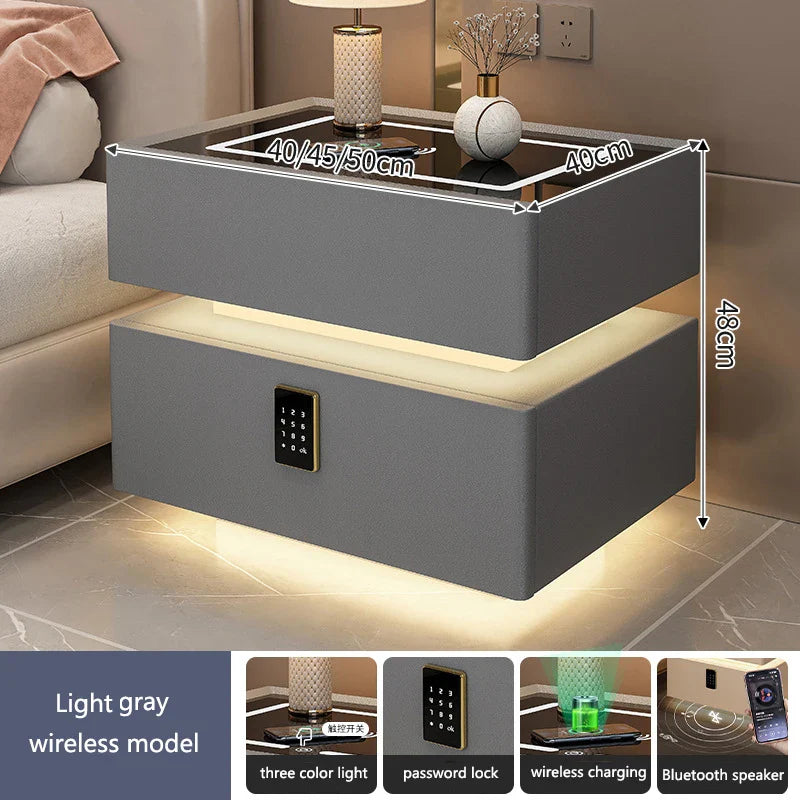 Intelligent Bedside Table With Light Bedroom Full Solid Wood Password Lock Bedside Storage Cabinet Led Light Wireless Charging