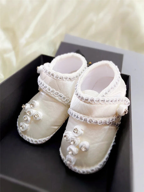 Ivory Lace Baptism Girl Shoes Photography Flower Baby Glitter Pearly Christening Shoes Soft Comfortable Infant Footwear