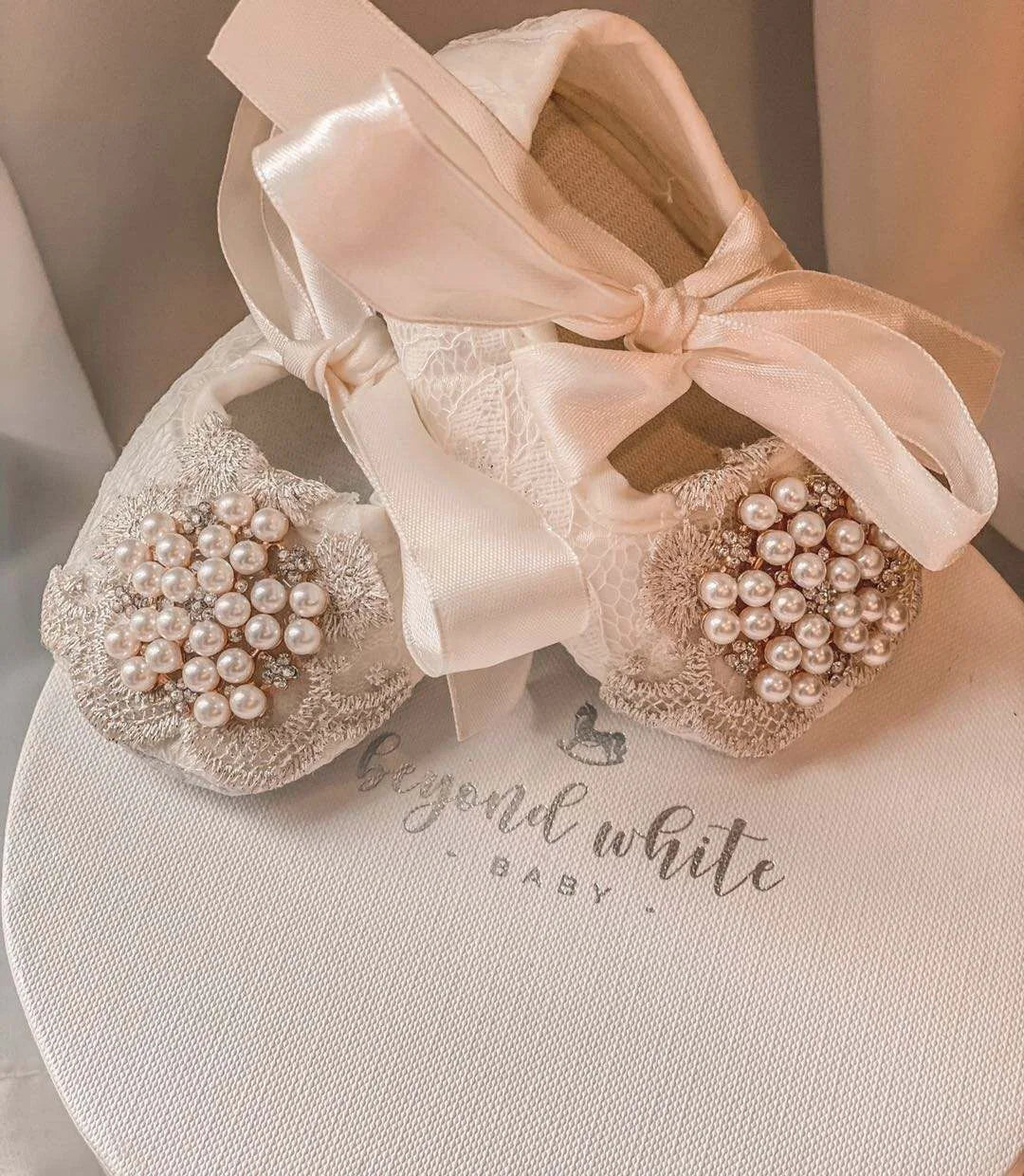 Ivory Lace Baptism Girl Shoes Photography Flower Baby Glitter Pearly Christening Shoes Soft Comfortable Infant Footwear