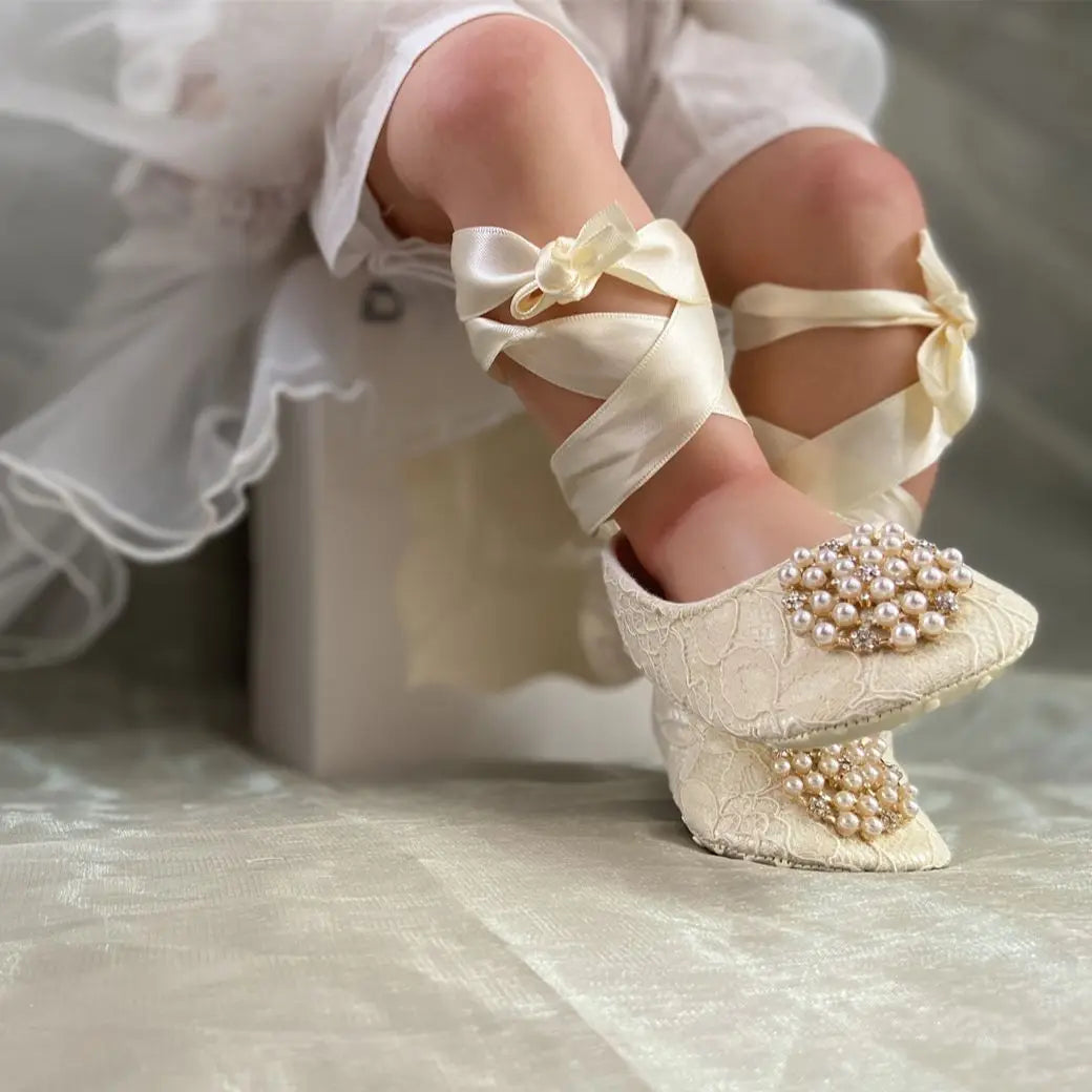 Ivory Lace Baptism Girl Shoes Photography Flower Baby Glitter Pearly Christening Shoes Soft Comfortable Infant Footwear