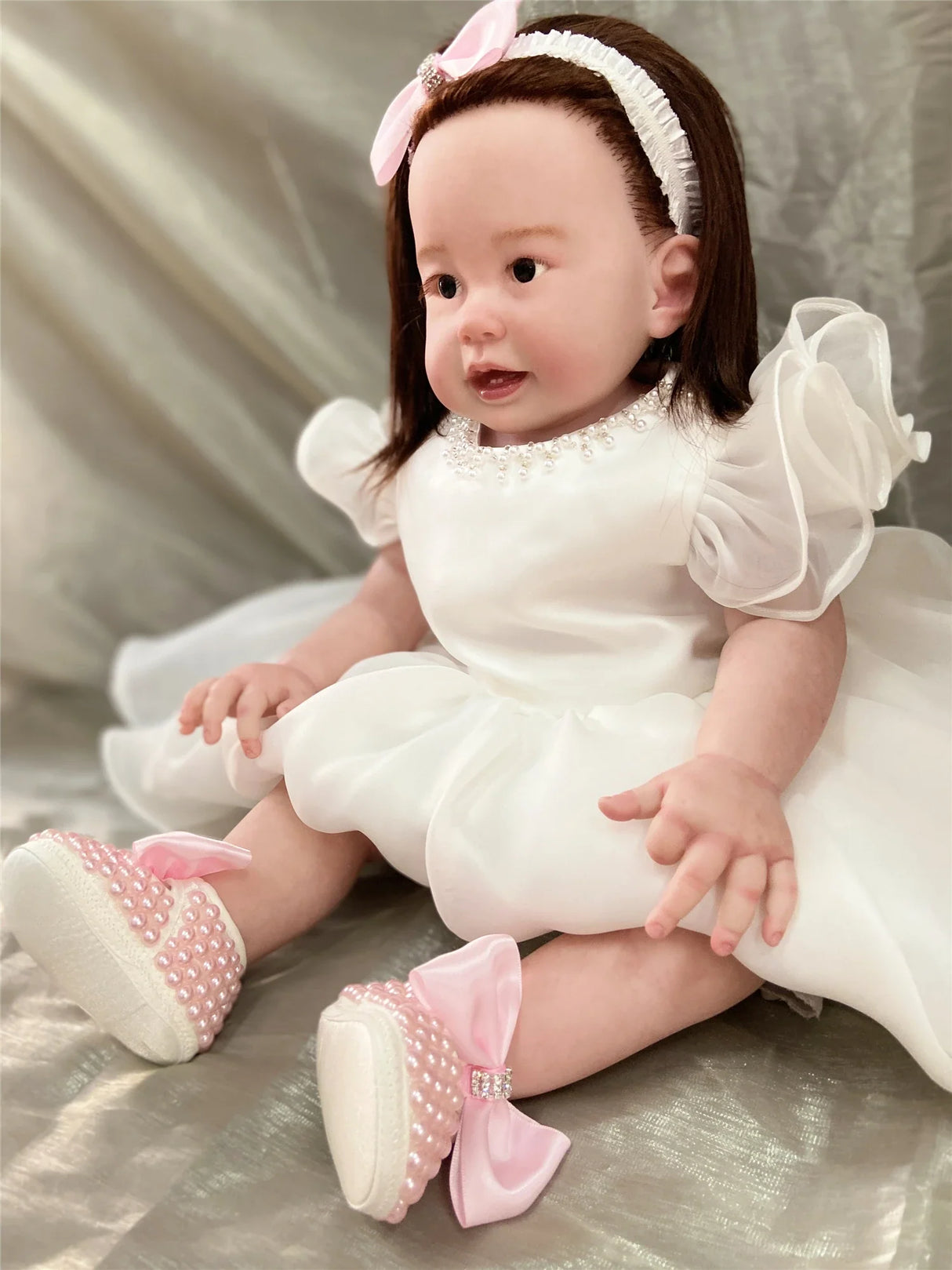 Ivory Lace Baptism Girl Shoes Photography Flower Baby Glitter Pearly Christening Shoes Soft Comfortable Infant Footwear