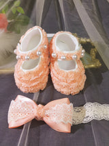 Ivory Lace Baptism Girl Shoes Photography Flower Baby Glitter Pearly Christening Shoes Soft Comfortable Infant Footwear