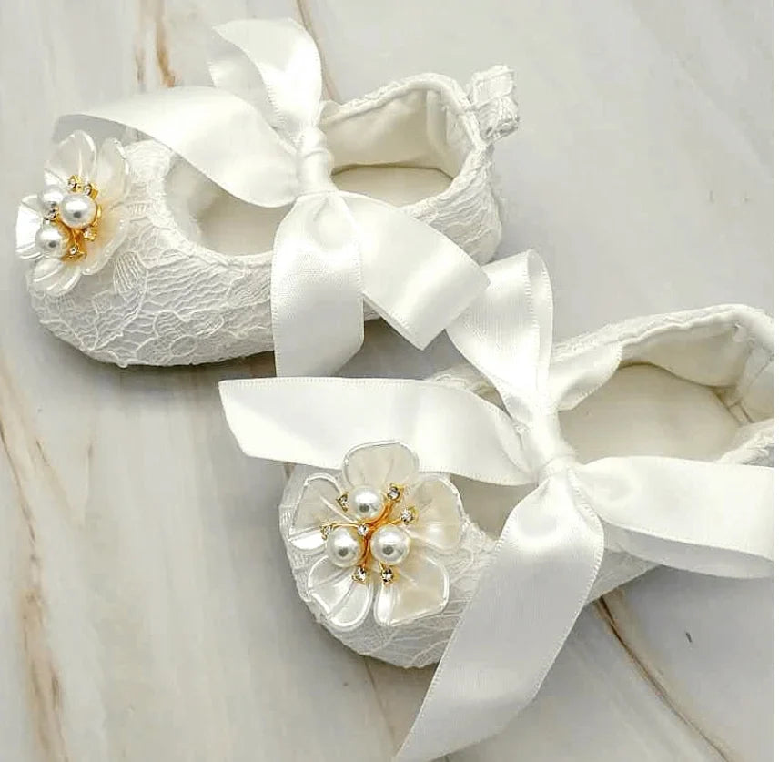 Ivory Lace Baptism Girl Shoes Photography Flower Baby Glitter Pearly Christening Shoes Soft Comfortable Infant Footwear