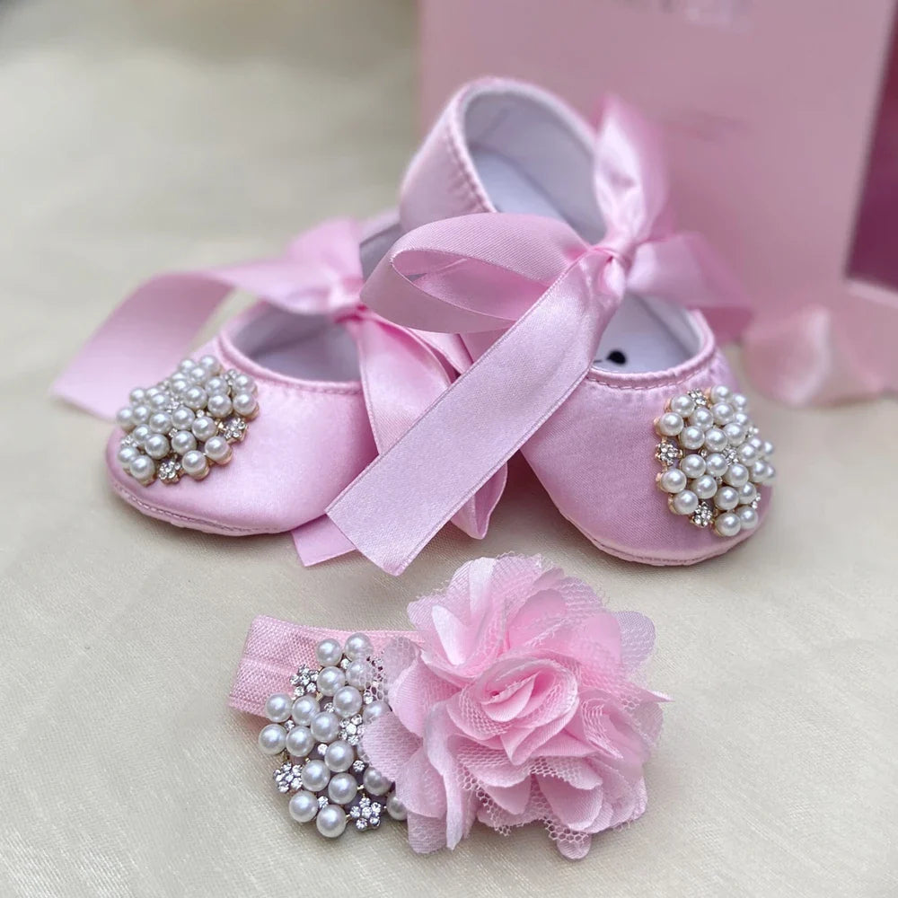 Ivory Lace Baptism Girl Shoes Photography Flower Baby Glitter Pearly Christening Shoes Soft Comfortable Infant Footwear