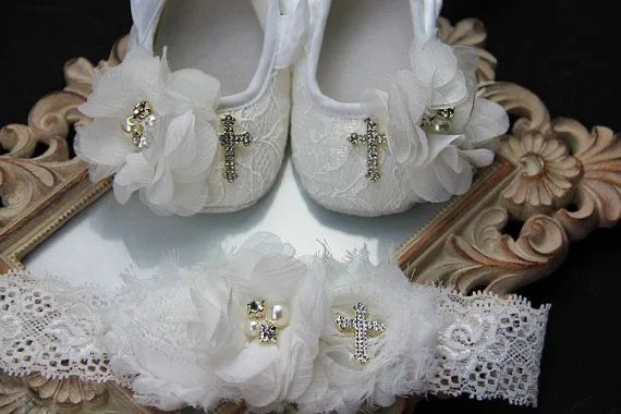 Ivory Lace Baptism Girl Shoes Photography Flower Baby Glitter Pearly Christening Shoes Soft Comfortable Infant Footwear