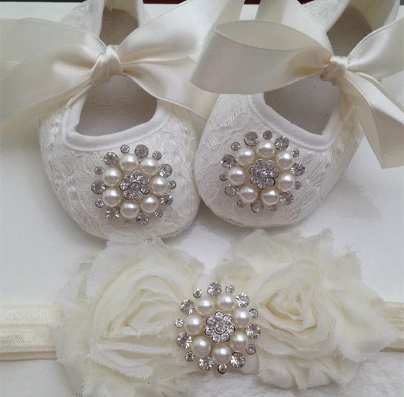 Ivory Lace Baptism Girl Shoes Photography Flower Baby Glitter Pearly Christening Shoes Soft Comfortable Infant Footwear