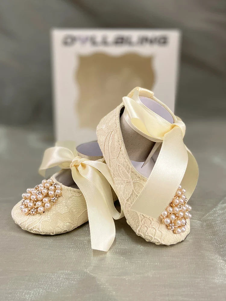 Ivory Lace Baptism Girl Shoes Photography Flower Baby Glitter Pearly Christening Shoes Soft Comfortable Infant Footwear