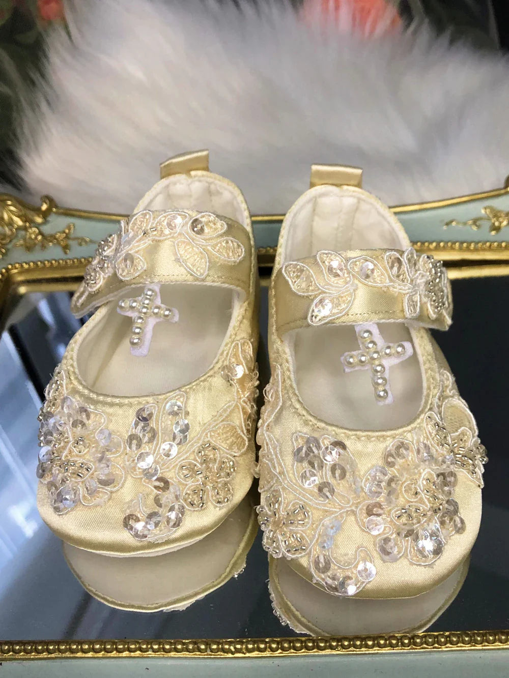 Ivory Lace Baptism Girl Shoes Photography Flower Baby Glitter Pearly Christening Shoes Soft Comfortable Infant Footwear