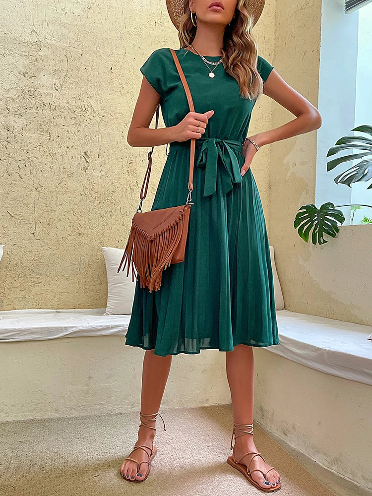 JIM & NORA Elegant Women Summer Casual Beach Sundress Short Sleeve Midi Dress Soild Colour O Neck Dresses Fashion