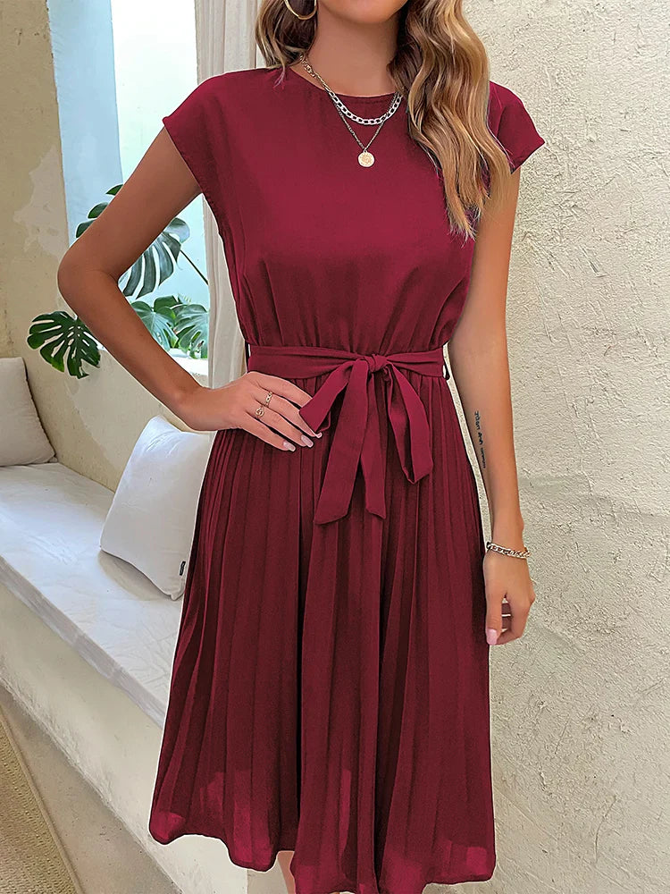 JIM & NORA Elegant Women Summer Casual Beach Sundress Short Sleeve Midi Dress Soild Colour O Neck Dresses Fashion