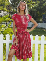 JIM & NORA Women Beach Sundress Short Sleeve Polka Dot Print Vestido A-line Floral Elegant High Waist Pleat Casual Midi Dresses