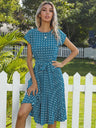 JIM & NORA Women Beach Sundress Short Sleeve Polka Dot Print Vestido A-line Floral Elegant High Waist Pleat Casual Midi Dresses