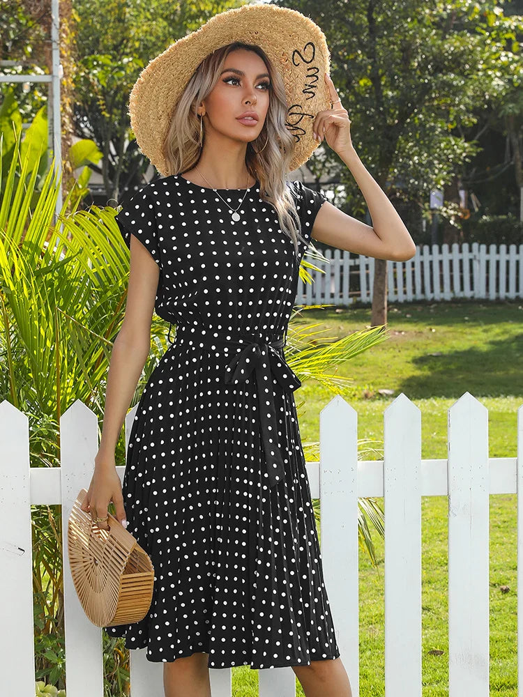 JIM & NORA Women Beach Sundress Short Sleeve Polka Dot Print Vestido A-line Floral Elegant High Waist Pleat Casual Midi Dresses