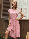 JIM & NORA Women Beach Sundress Short Sleeve Polka Dot Print Vestido A-line Floral Elegant High Waist Pleat Casual Midi Dresses