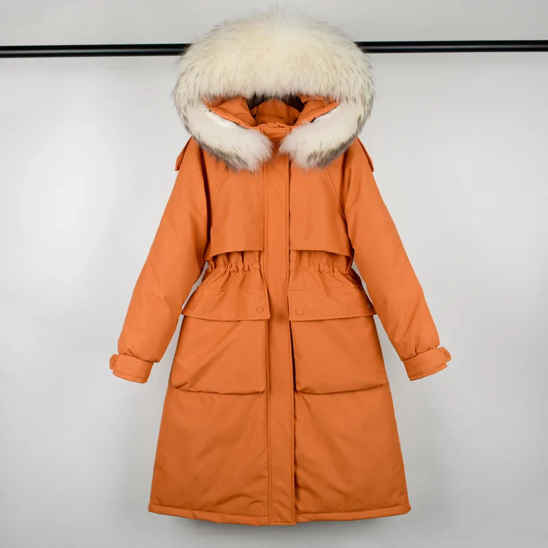 Janveny Large Natural Raccoon Fur Hooded Long Down Coat Women Winter 90% Duck Down Parkas Female Thickness Sash Tie Up Jackets