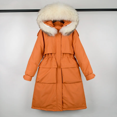 Janveny Large Natural Raccoon Fur Hooded Long Down Coat Women Winter 90% Duck Down Parkas Female Thickness Sash Tie Up Jackets