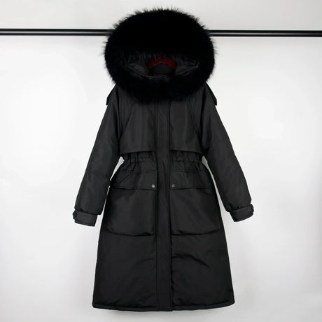 Janveny Large Natural Raccoon Fur Hooded Long Down Coat Women Winter 90% Duck Down Parkas Female Thickness Sash Tie Up Jackets