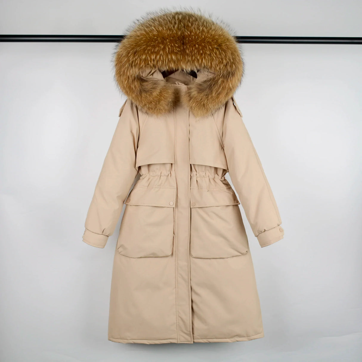 Janveny Large Natural Raccoon Fur Hooded Long Down Coat Women Winter 90% Duck Down Parkas Female Thickness Sash Tie Up Jackets