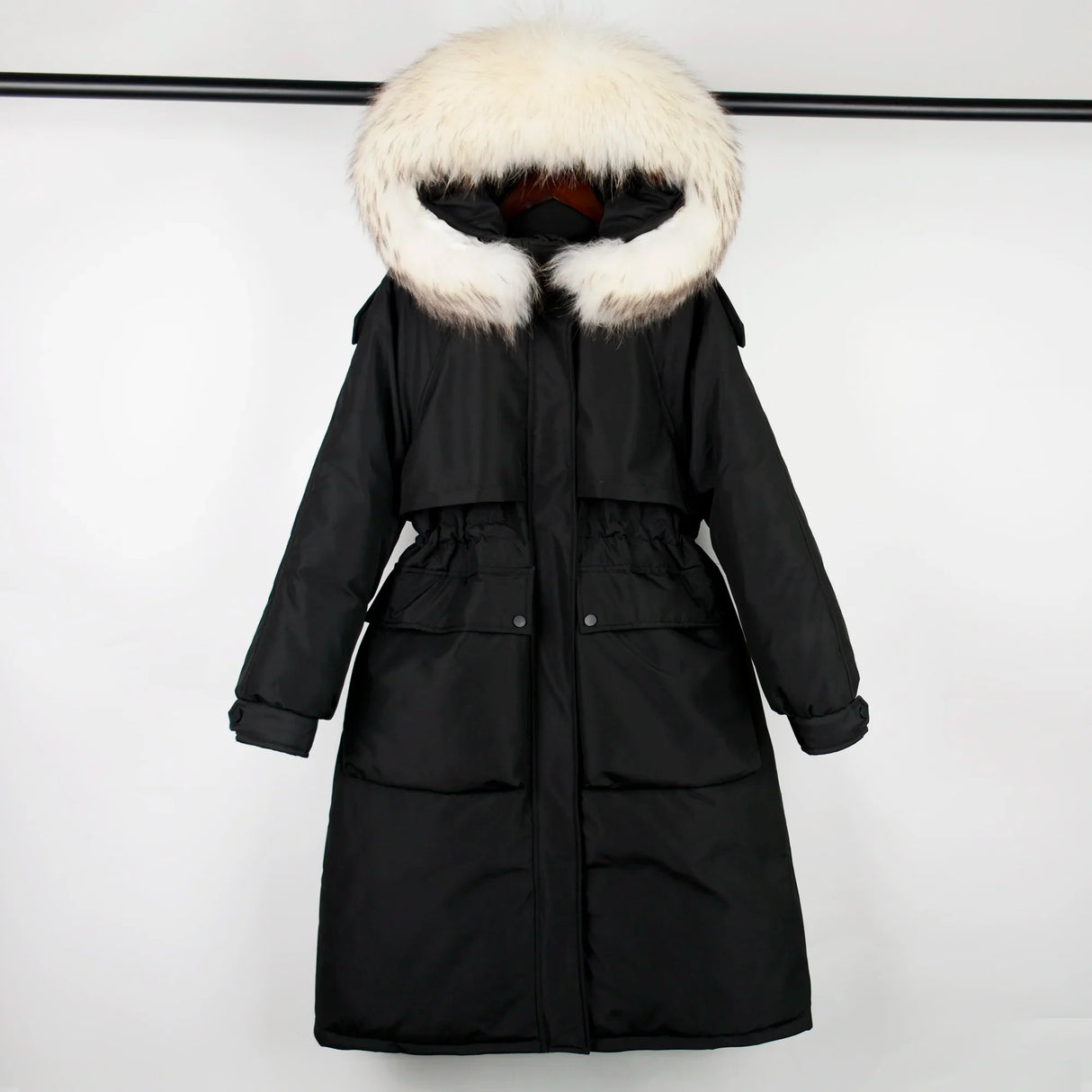 Janveny Large Natural Raccoon Fur Hooded Long Down Coat Women Winter 90% Duck Down Parkas Female Thickness Sash Tie Up Jackets