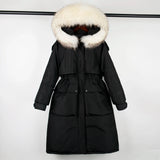 Janveny Large Natural Raccoon Fur Hooded Long Down Coat Women Winter 90% Duck Down Parkas Female Thickness Sash Tie Up Jackets