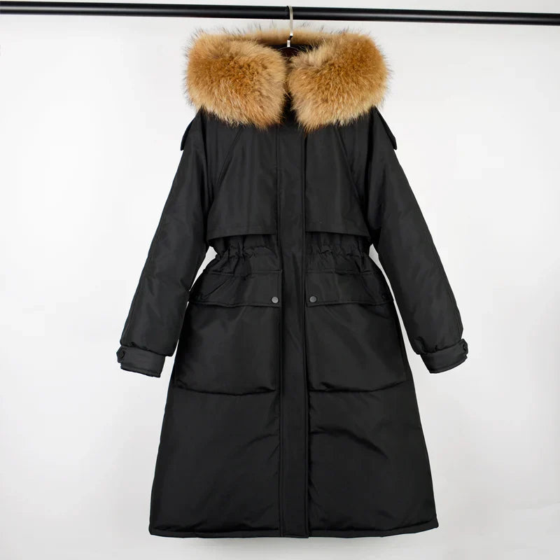 Janveny Large Natural Raccoon Fur Hooded Long Down Coat Women Winter 90% Duck Down Parkas Female Thickness Sash Tie Up Jackets