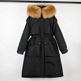 Janveny Large Natural Raccoon Fur Hooded Long Down Coat Women Winter 90% Duck Down Parkas Female Thickness Sash Tie Up Jackets