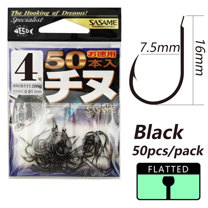 Japan SASAME 50pcs CHINU Hook Barded Fishing Hooks High Carboon Steel Hook Saltwater Fish Hook Twisted Rock Fishing Black Porgy