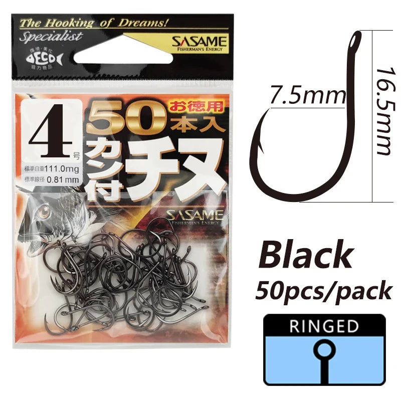 Japan SASAME 50pcs CHINU Hook Barded Fishing Hooks High Carboon Steel Hook Saltwater Fish Hook Twisted Rock Fishing Black Porgy