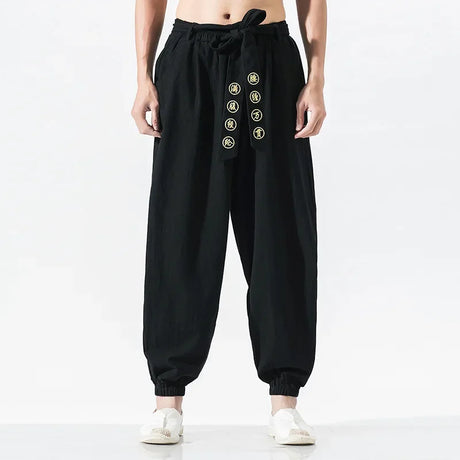 Japanese Casual Kimono Pants Loose HarajukuTrousers Japan Men Traditional Asian Clothing Yukata Style Embroidered Harem Costume