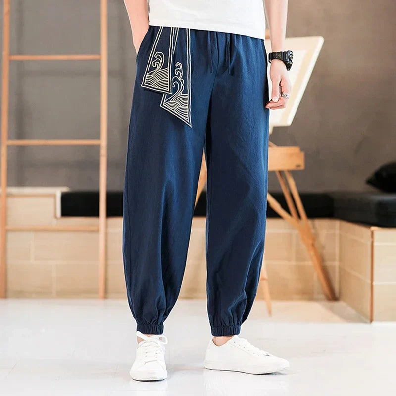 Japanese Casual Kimono Pants Loose HarajukuTrousers Japan Men Traditional Asian Clothing Yukata Style Embroidered Harem Costume