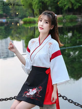 Japanese Dress Kimono Woman Black White Cat Embroidery Skirts Vintage Asian Clothing Yukat Party Anime Cosplay harajuku costume