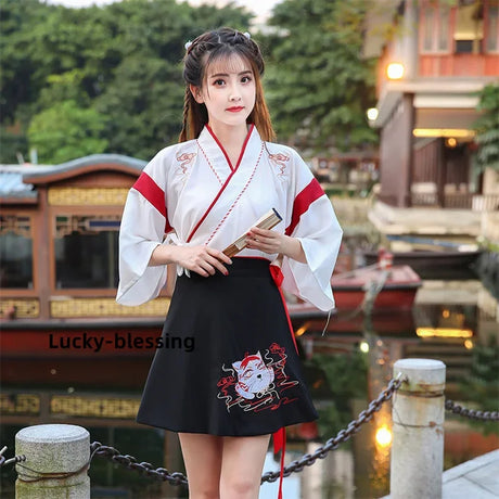 Japanese Dress Kimono Woman Black White Cat Embroidery Skirts Vintage Asian Clothing Yukat Party Anime Cosplay harajuku costume