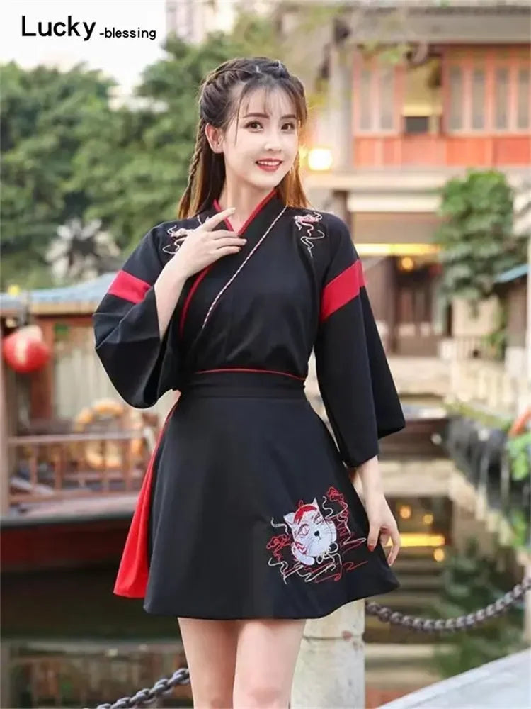 Japanese Dress Kimono Woman Black White Cat Embroidery Skirts Vintage Asian Clothing Yukat Party Anime Cosplay harajuku costume