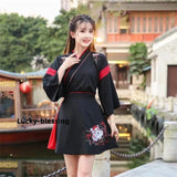 Japanese Dress Kimono Woman Black White Cat Embroidery Skirts Vintage Asian Clothing Yukat Party Anime Cosplay harajuku costume