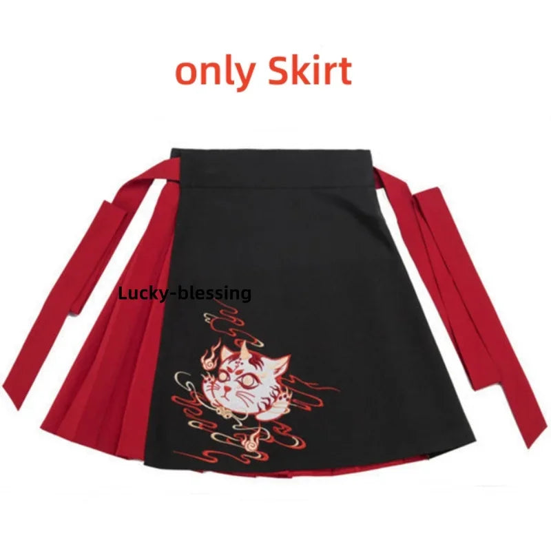 Japanese Dress Kimono Woman Black White Cat Embroidery Skirts Vintage Asian Clothing Yukat Party Anime Cosplay harajuku costume