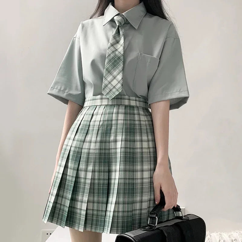 Japanese Jk Uniform Top Student Girls Shirt Women Pink Blouse Korean High School Uniforms Short Sleeve White/Black/Green/Blue