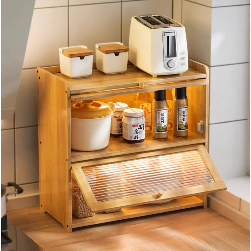 Japanese Simple Meal Side Cabinet Natural Bamboo Kitchen Cabinet Transparent Flip Door Bowl Cabinet Coffee Tea Set Storage Rack