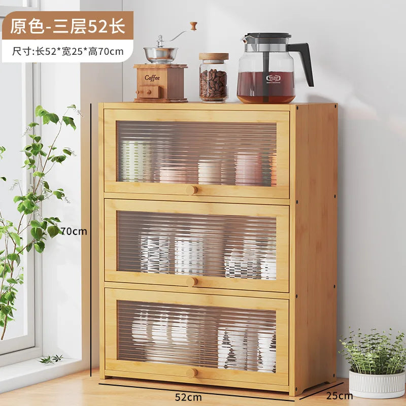 Japanese Simple Meal Side Cabinet Natural Bamboo Kitchen Cabinet Transparent Flip Door Bowl Cabinet Coffee Tea Set Storage Rack