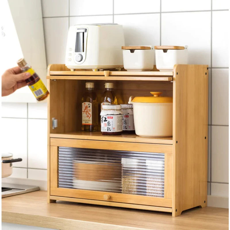 Japanese Simple Meal Side Cabinet Natural Bamboo Kitchen Cabinet Transparent Flip Door Bowl Cabinet Coffee Tea Set Storage Rack