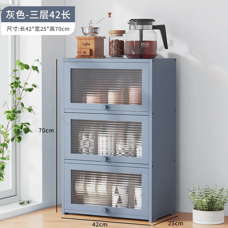 Japanese Simple Meal Side Cabinet Natural Bamboo Kitchen Cabinet Transparent Flip Door Bowl Cabinet Coffee Tea Set Storage Rack