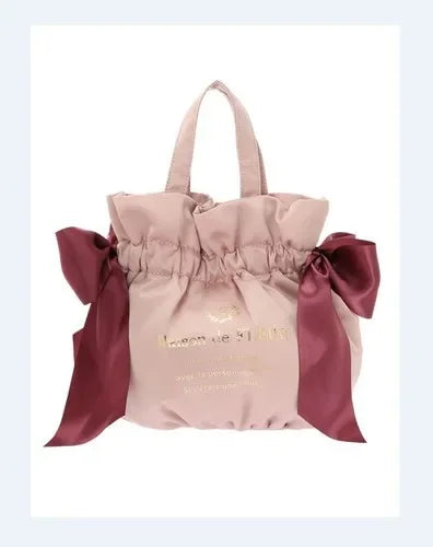 Japanese Style New Double-Sided Drawstring Bags Sweet Cute Girl Ladies Satin Bow Crossbody Shoulder Portable Handbag