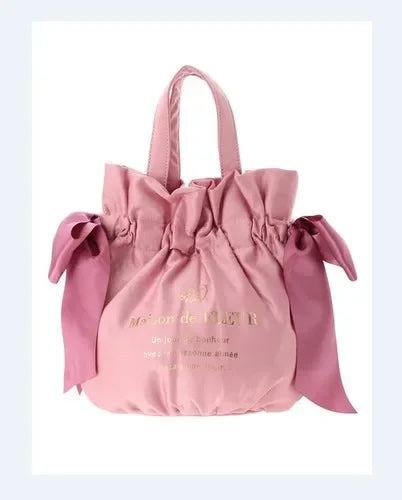 Japanese Style New Double-Sided Drawstring Bags Sweet Cute Girl Ladies Satin Bow Crossbody Shoulder Portable Handbag