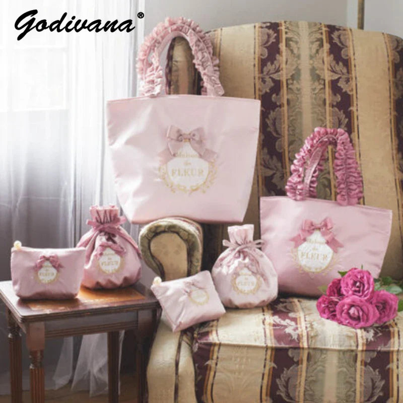 Japanese Style New Handle Lace Shoulder Bag Sweet Handbags for Women Pink Drawstring Bag Lolita Girls Cosmetic Bag