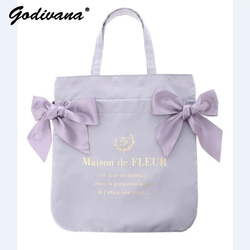 Japanese Style New Satin Ribbon Drawstring Double Bow Portable Shoulder Bag for Women Sweet Large Capacity Handbags