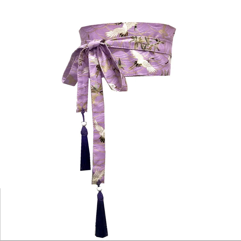 Japanese Traditional Kimono Belt Women Corset Tassel Belt Blue Wave Pattern Wide Belt Yukata Crane Haori Obi Asian Waist Belts