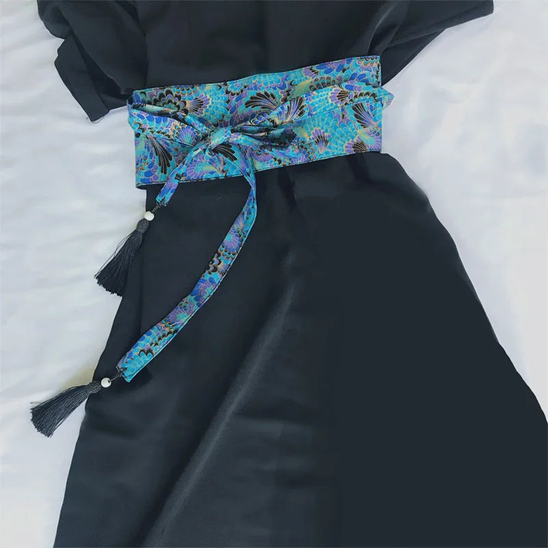 Japanese Traditional Kimono Belt Women Corset Tassel Belt Blue Wave Pattern Wide Belt Yukata Crane Haori Obi Asian Waist Belts