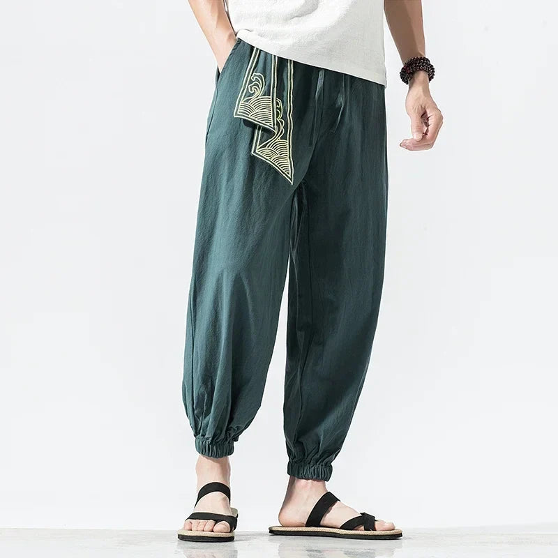 Japanese kimono Men Cotton Linen Samurai Costume Ukiyo-e Print Belt Retro Harem Pants Haori Baggy Trousers Harajuku Hip Hop