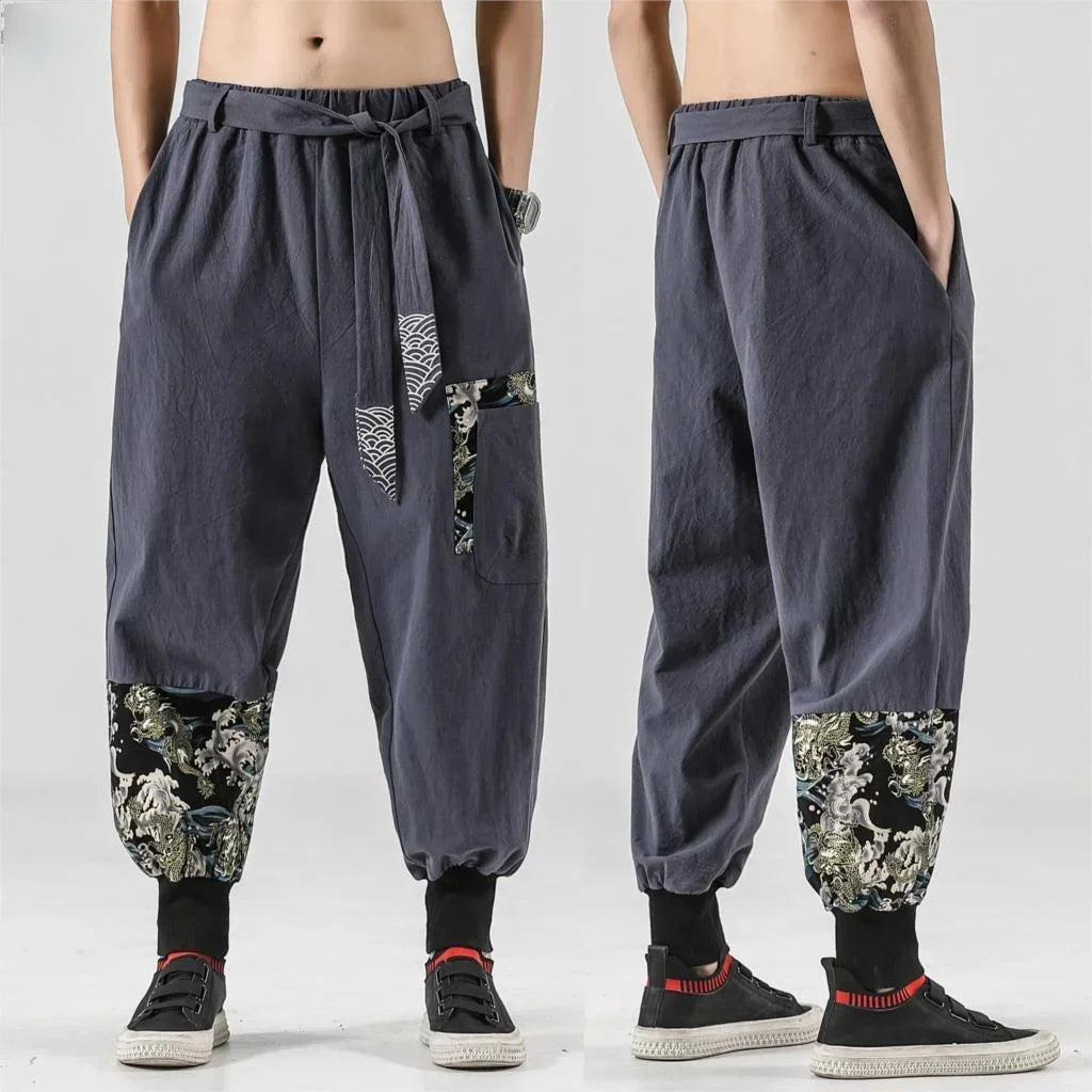 Japanese kimono Men Cotton Linen Samurai Costume Ukiyo-e Print Belt Retro Harem Pants Haori Baggy Trousers Harajuku Hip Hop