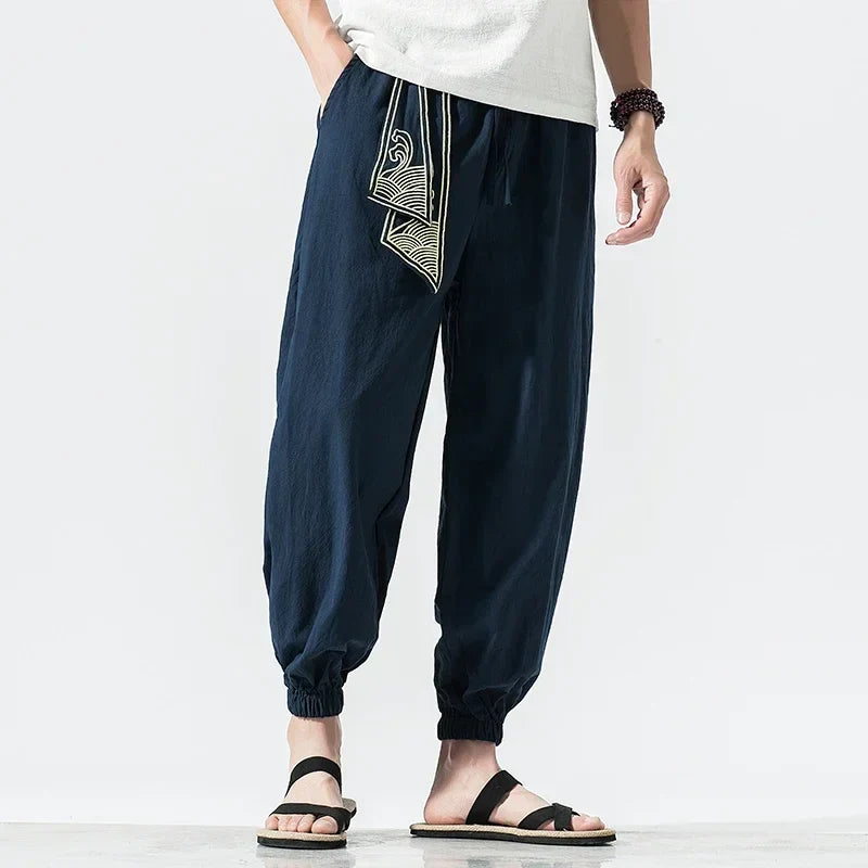 Japanese kimono Men Cotton Linen Samurai Costume Ukiyo-e Print Belt Retro Harem Pants Haori Baggy Trousers Harajuku Hip Hop