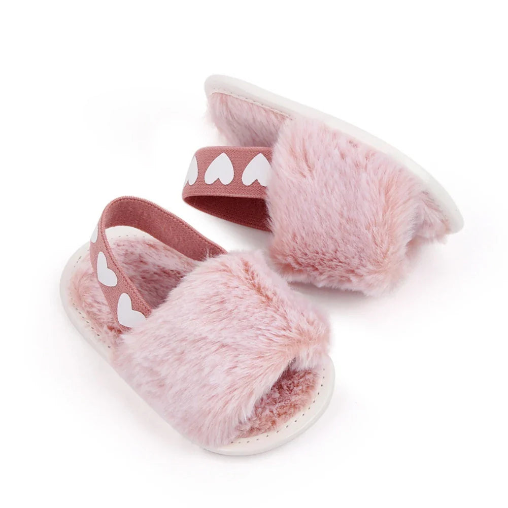 Jlong Autumn Plush Slide Sandal Baby Girls Heart Soft Sole Sandals Toddler Princess Non-slip Crib Shoes 0-18 Months